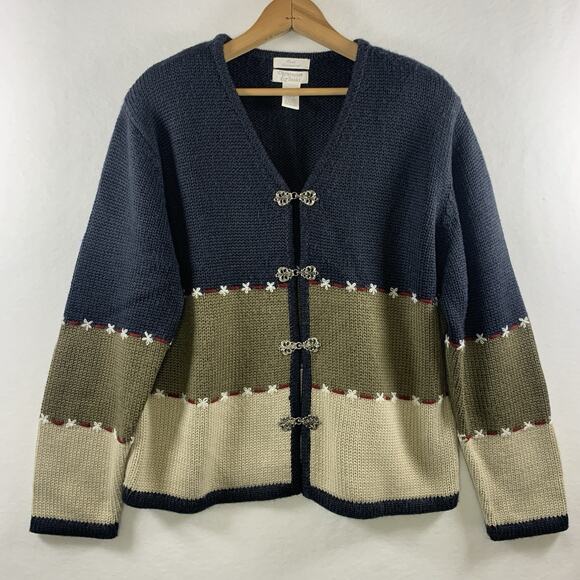 Vintage Womens Hand Embroidered Cardigan Sweater Sz L Cottage Nordic Cabin Folk - Picture 1 of 12